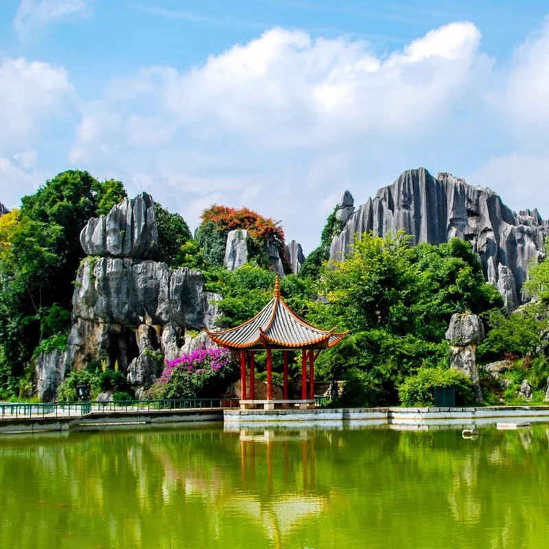 stone forest 0 昆明石林景區內的奇特石灰岩地貌聳立於綠樹之間,湖面前方有一座中式涼亭倒映在水中。鋸齒狀石峰與翠綠植被相互交織,在藍天白雲映襯下展現昆明石林獨特壯觀的喀斯特地貌與自然景觀。
