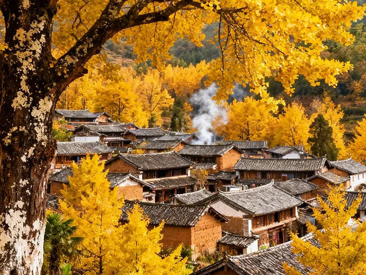 金黃色銀杏樹環繞騰衝銀杏村的傳統民居,秋日色彩覆蓋屋頂與山坡,呈現溫暖迷人的景致。