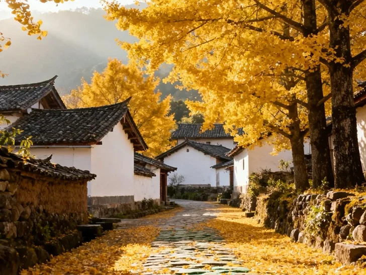 騰衝銀杏村石板小路兩旁是白牆民居與金黃銀杏樹,落葉鋪滿地面,營造寧靜優美的秋日氛圍。