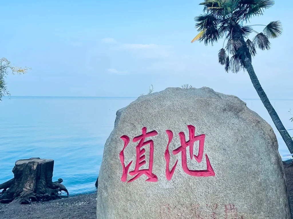 昆明滇池的經典地標石碑,刻有紅色「滇池」大字的灰色石頭,背景是湛藍的湖水與藍天,旁邊還有棕櫚樹點綴。