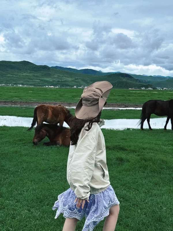 在納帕海草原上，與悠閒吃草的駿馬同框，綠草如茵、水澤點綴，是香格里拉最治癒的日常風景。