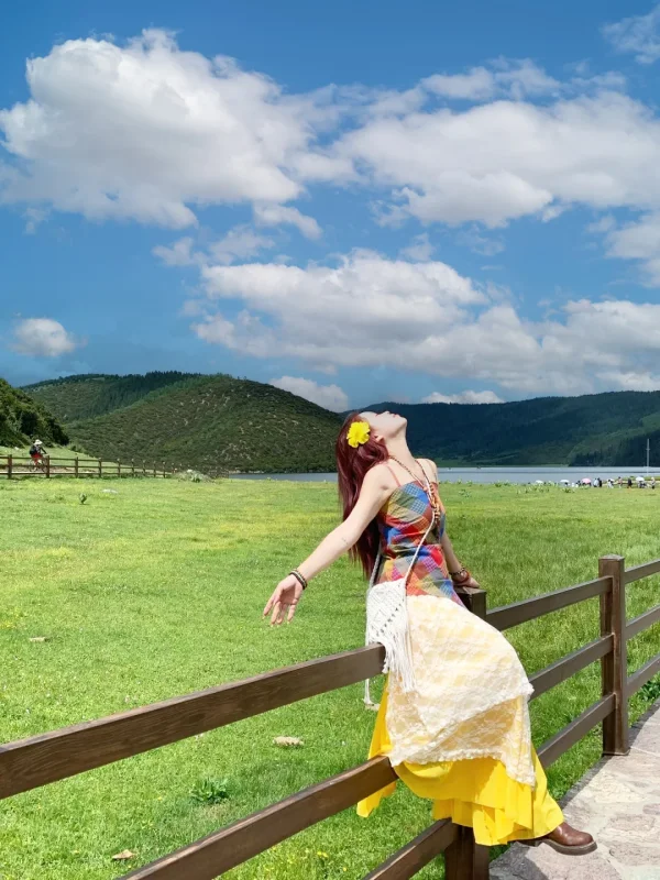 遊客在香格里拉草原湖邊拍照的夏季畫面